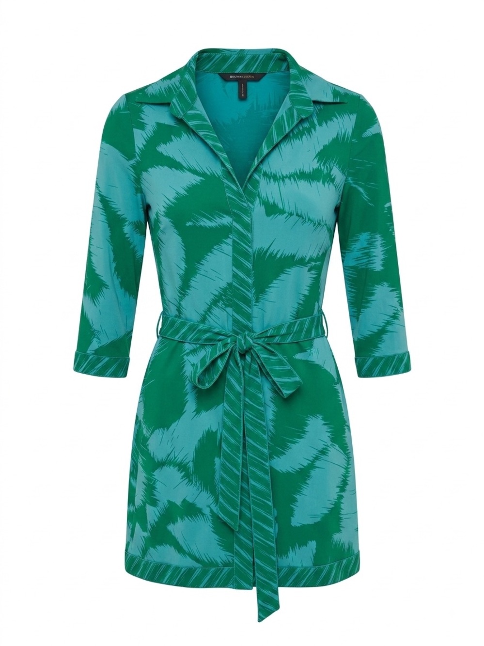 BCBGMAXAZRIA Green Blue Palm Print Tropical Jersey Tie Waist Dress Collared XS